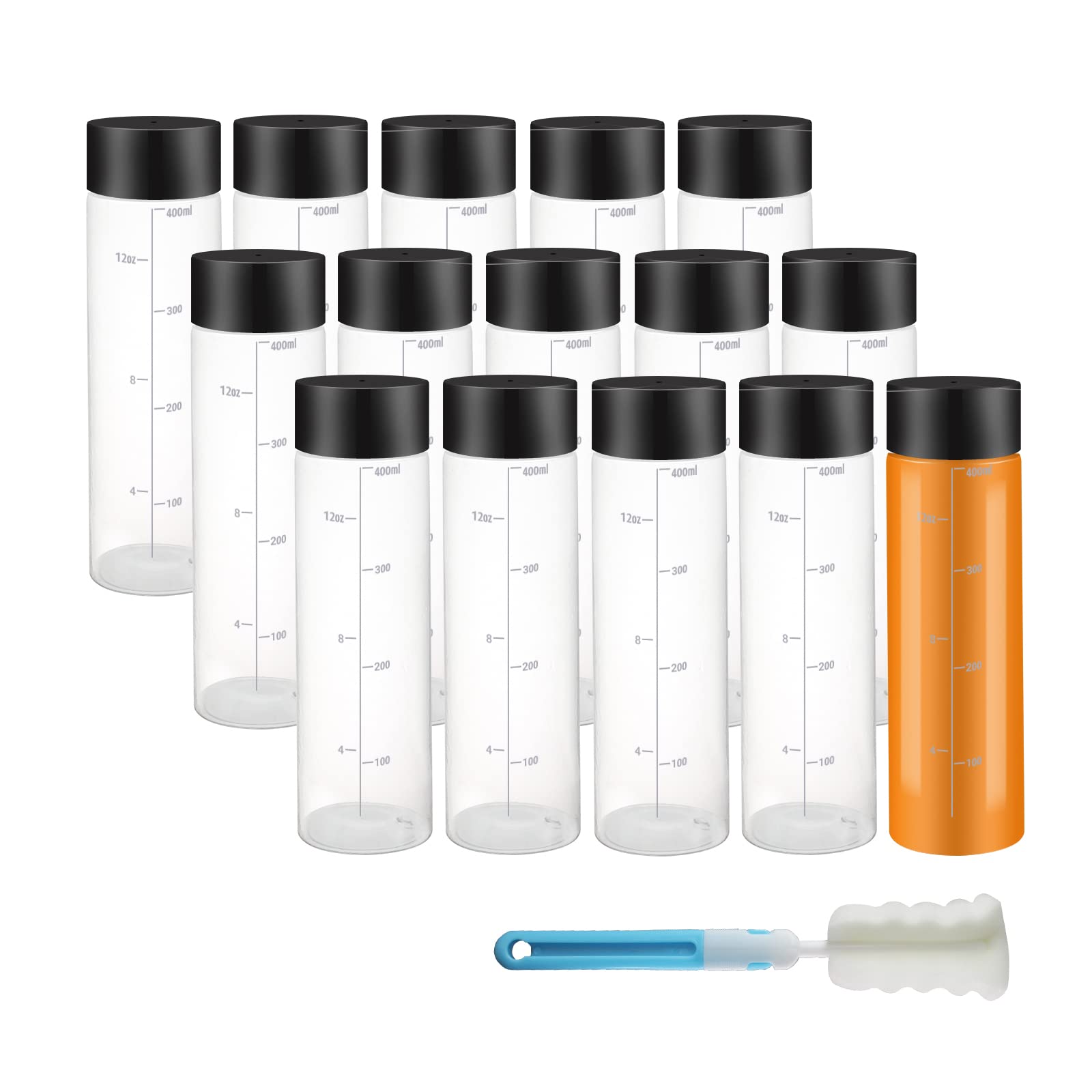 Ybcpack 400Ml White Scale 15Pcs 15 Pack 400 Ml Pet Bottles - Wide Mouth Empty Plastic Juice Bottles With Caps And Brush - Clear Bottle With Lids, Sensory Bottle Ideal For Smoothie