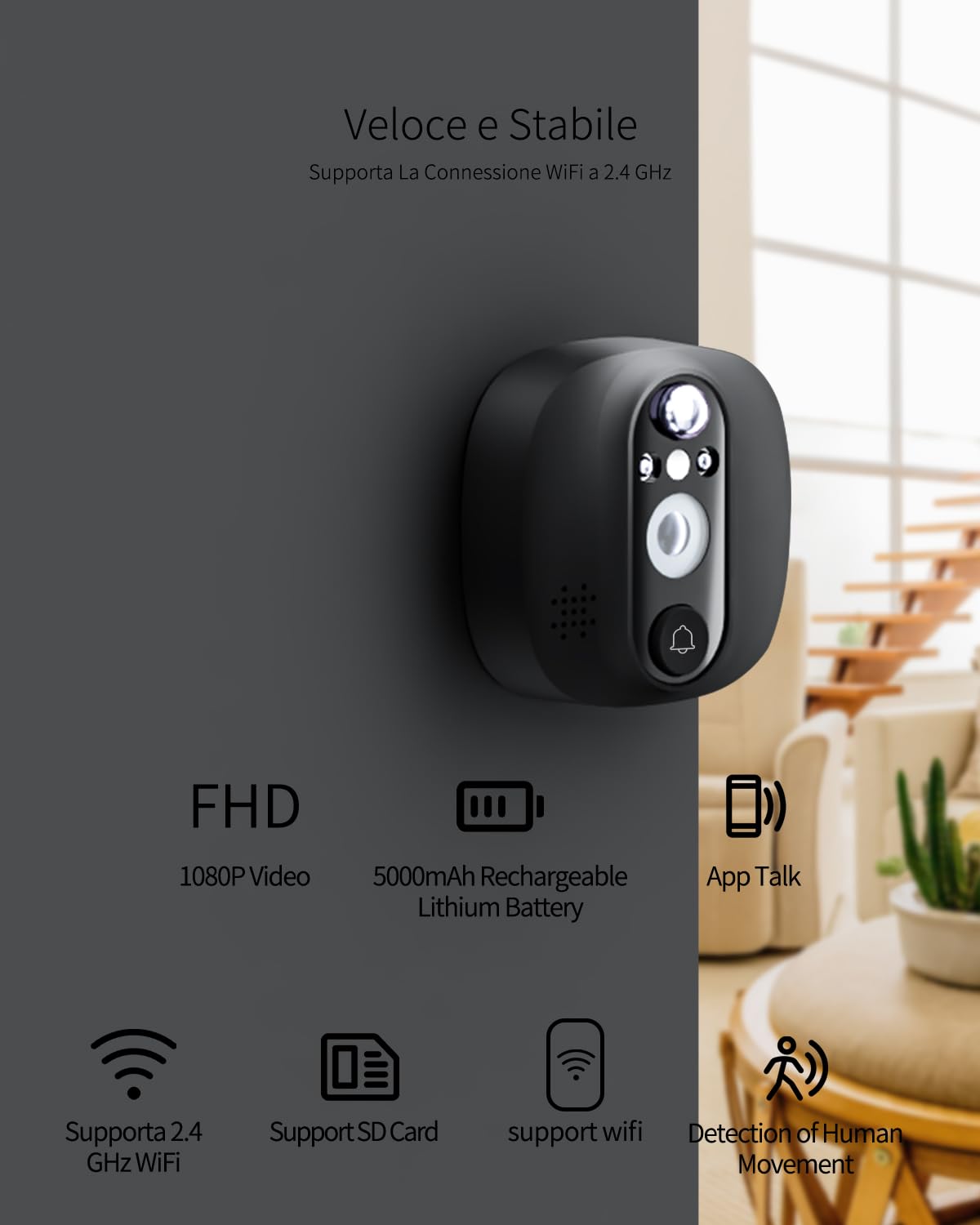 Mirilla Inteligente Visión Nocturna Mirilla Digital WiFi Con Pantalla Táctil 4.3, Visión Nocturna, Batería 5000mAh Y Detección PIR - Para Puertas De 15-60mm Mirilla Puerta Cámara 1080P Pantalla 4.3