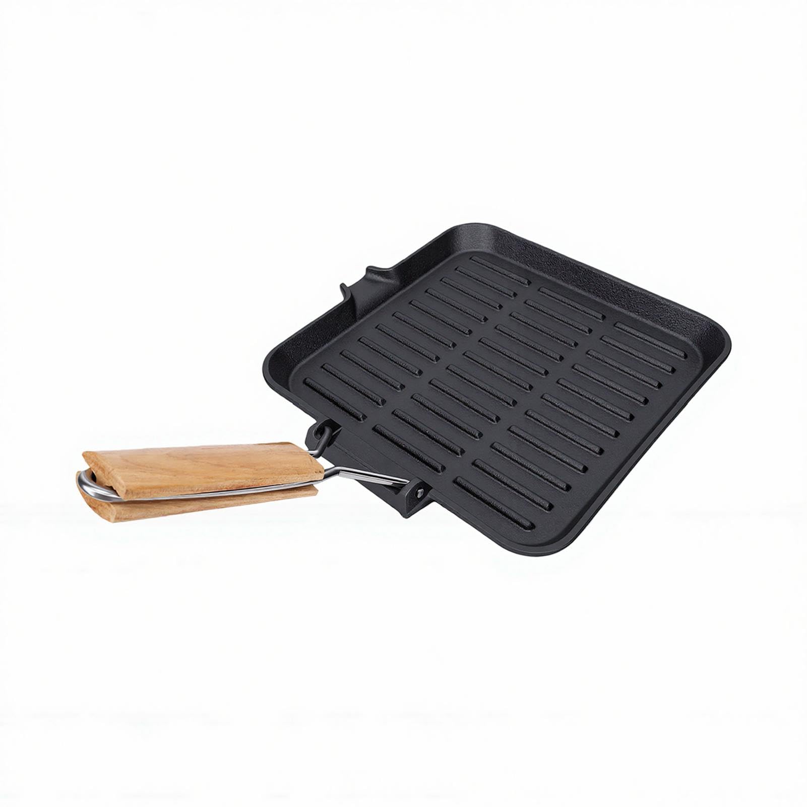 Brrnoo Bistecchiera Quadrata Padella per Griglia in Ghisa Manico Pieghevole Rivestimento Smaltato Base Liscia Manico in Legno di Faggio Resistente Al Calore per Bistecche di Verdure
