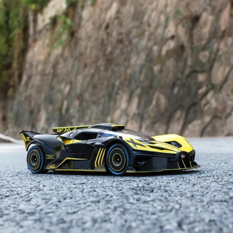 Image of Kids Model 1:24 Big Bugadi Bolide Die Cast Metal Car Pull Back Action Opening Doors with Realistic Engine Sound Lights Toy Car Gift for Boys - Yellow
