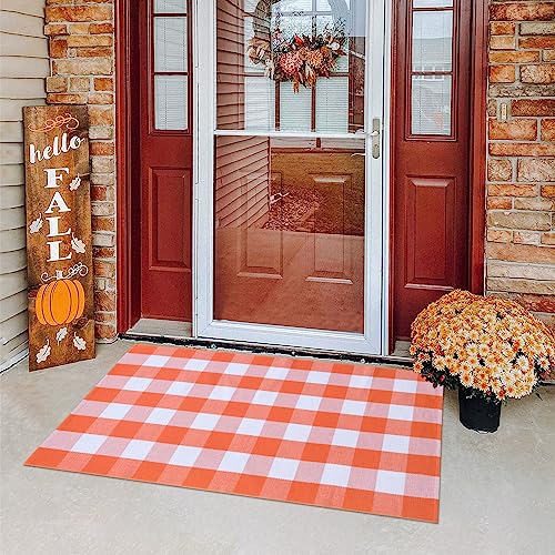 Fall Plaid Area Rug 3x5 Ft, Orange and White Buffalo Check Large Farmhouse Cotton Rug, Hand-Woven Washable Indoor Outdoor Carpet for Halloween Thanksgiving Autumn Porch Patio Decor