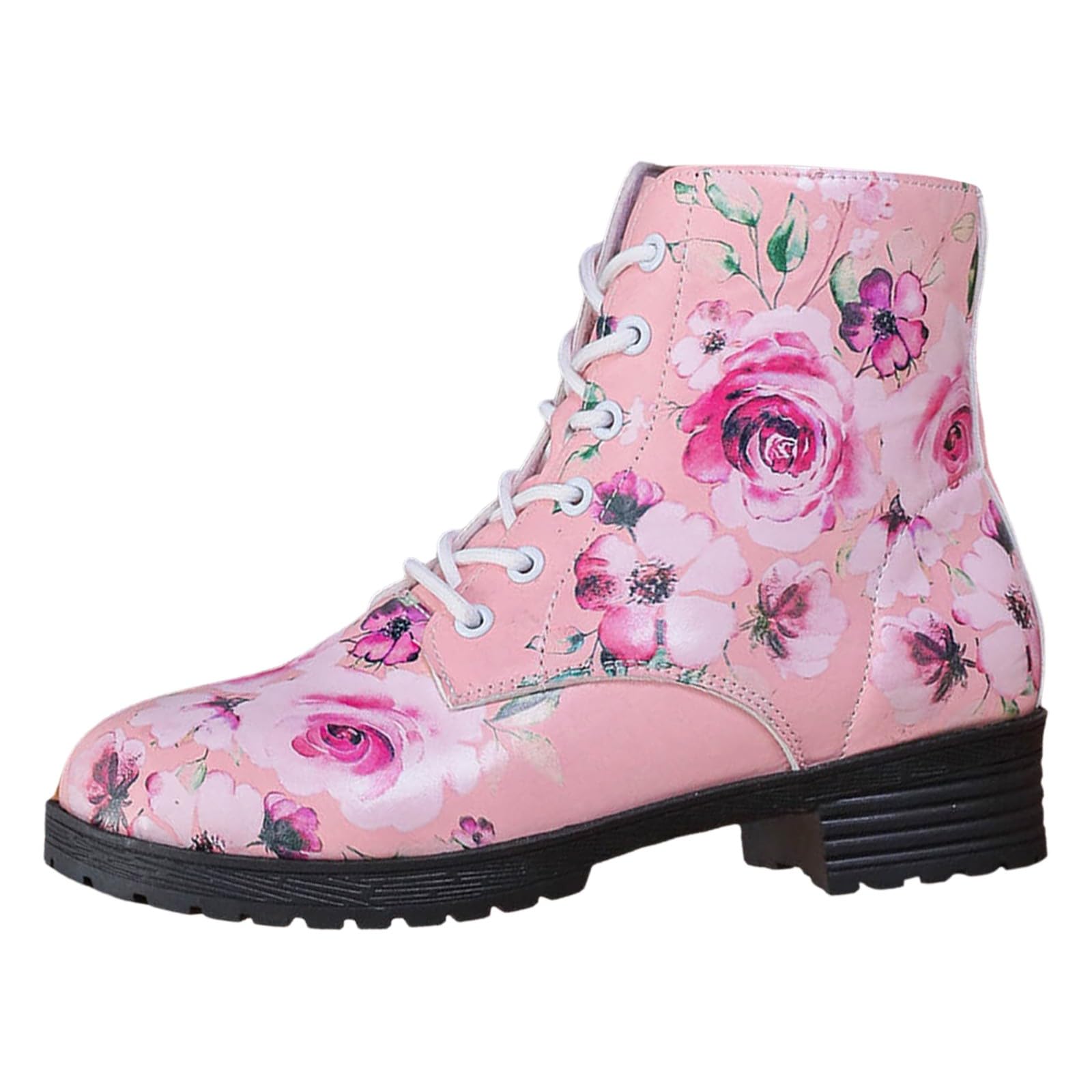 Womens Combat Ankle Boots Flower Print Fashion Short Booties Lace Up Chunky Heel Leather Work Short Boots Round