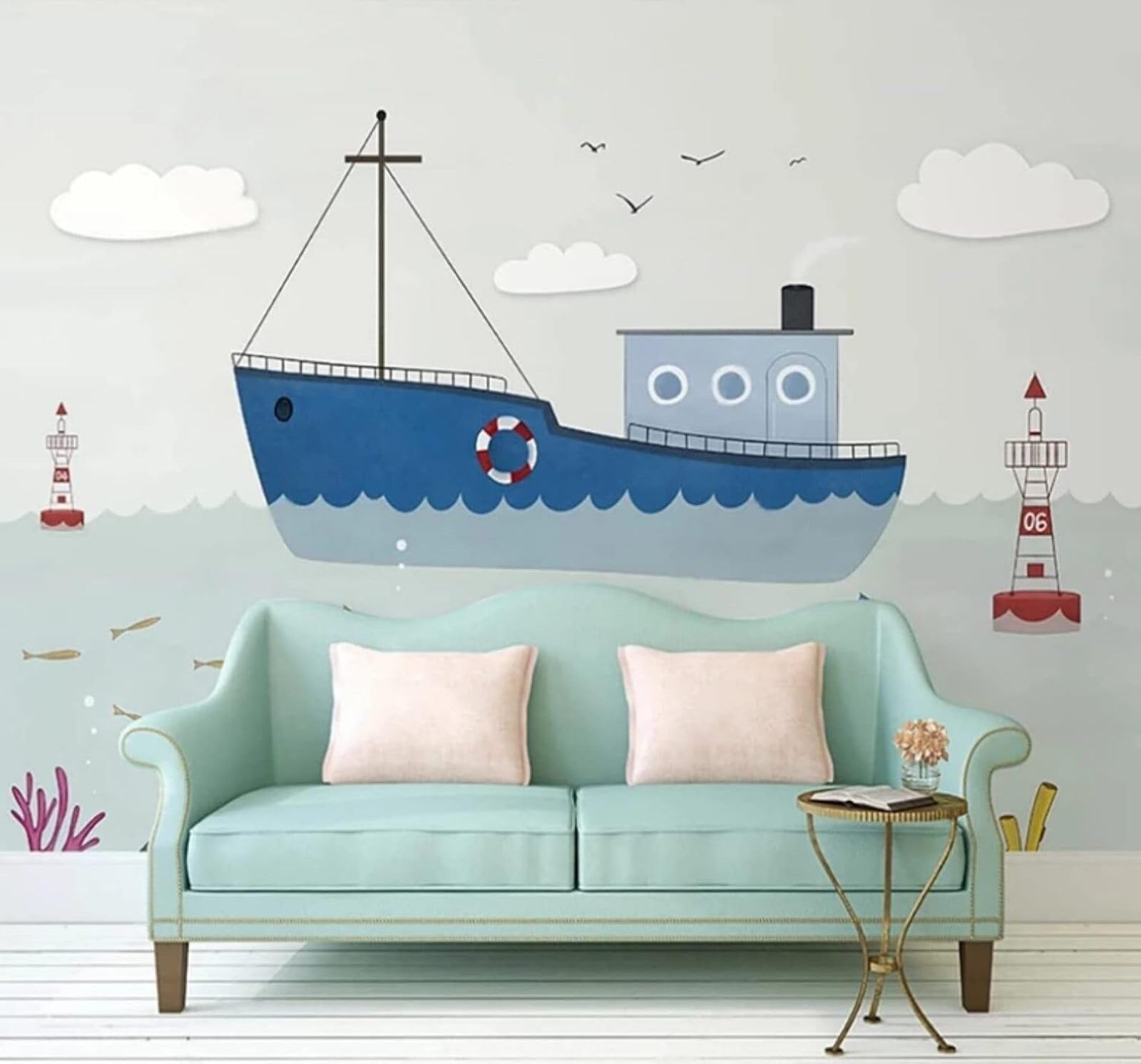 XLMING Cartoon Ocean Sailing Ship Lighthouse Seascape 3D Wallpaper Luxury Silk Study Dining Feature Sofa Grey Bedroom Living Room Tv Decorative Wall-400cm×280cm