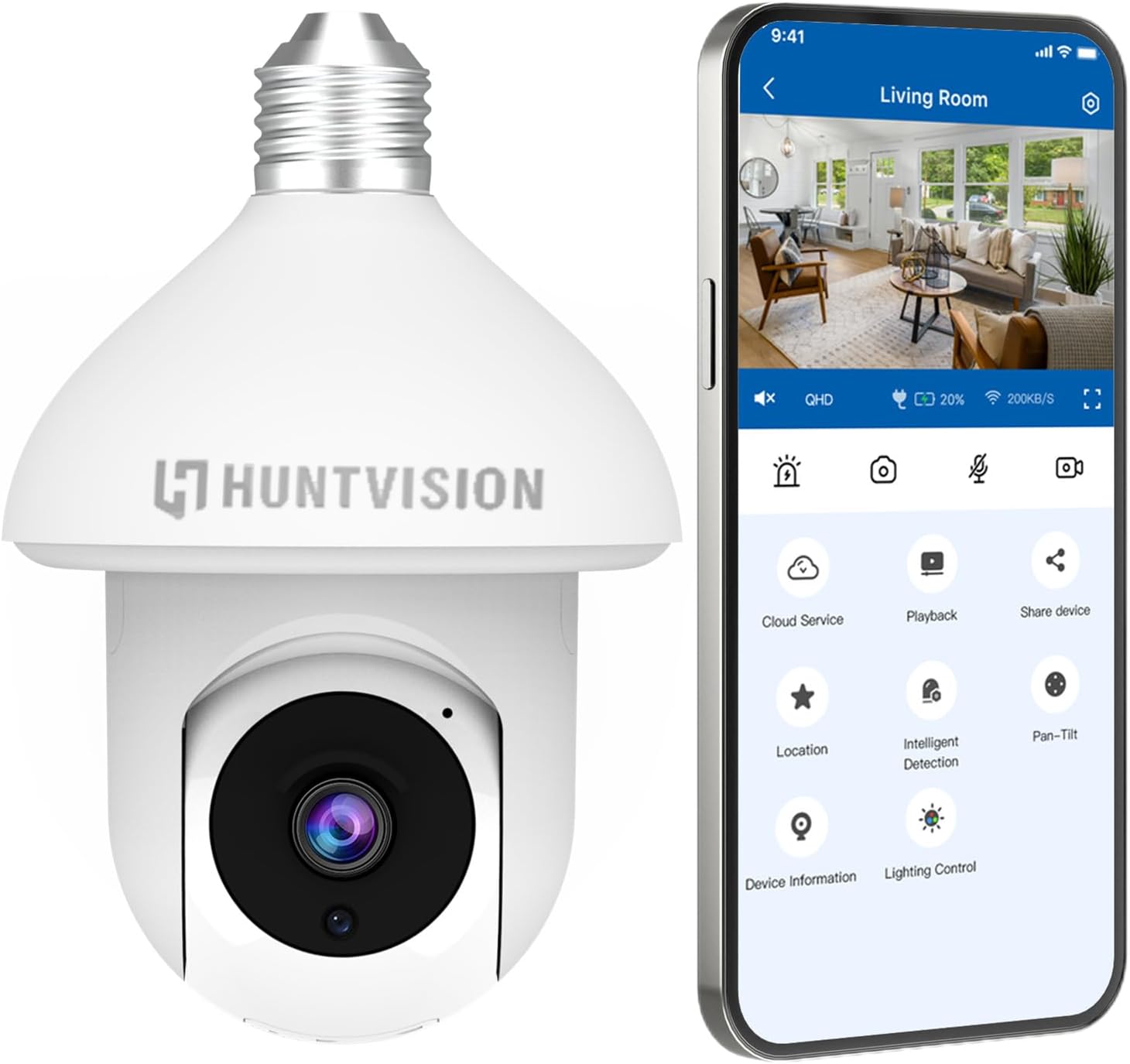 HUNTVISION E3-LT Light Bulb Camera next to a smartphone displaying the camera's control application interface.
