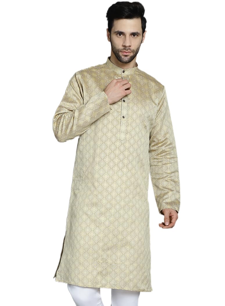 Jompers Men's Beige Woven Design Kurtas (Beige, S)