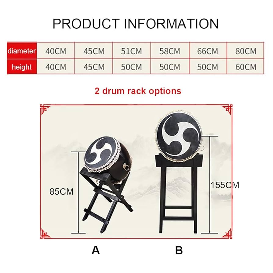 Tamburo Giapponese Taiko Drum Gagalu - Con Supporto In Legno, Pelle Di Vacca, Diametro 40-80cm - Foto 12