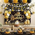 Happy Birthday Party Decoration Set: Including Birthday Banner Backdrop, Party Table Centerpieces and Hanging Swirl Party Streamers, Birthday Decor Suppliers for Men and Women (Black and Gold, Birthday Party) - Image 2