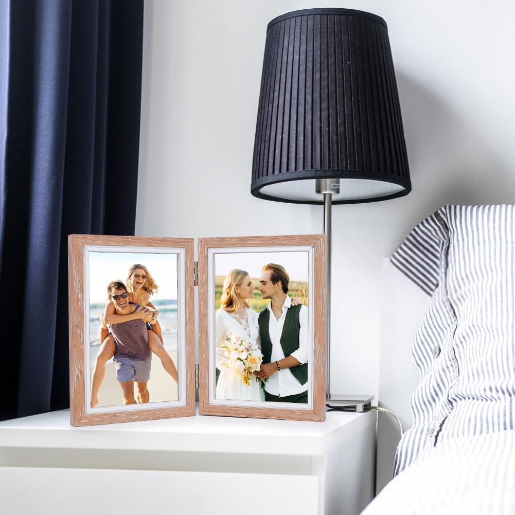 Cadre Photo Double Pliable 10x15 Cm - Bois Et Acrylique, Affiche 2 Photos, Gris, Pour Table - 4