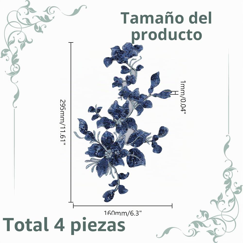 4 Piezas Bordado Lentejuelas Apliques de Encaje Hojas Azules Flores Parches Poliéster Decorativos Apliques Florales Vestidos Decoraciones de Costura para Tela Bricolaje Manualidades