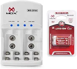 Carregador Mox Cp50 Com 1 Bateria 450 mah Recarregável 9v de Lítio Ion Mo-9v450