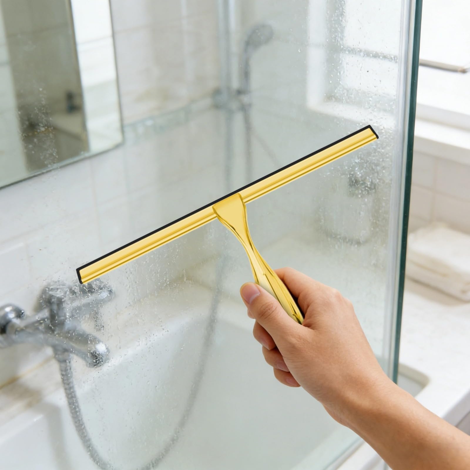 Duschabzieher Gold, 10 Zoll aus Edelstahl für Duschtüren, Fensterglas und Badfliesen, rostbeständiges Reinigungswerkzeug mit weicher Silikonlippe, Haken, 9,9 x 7,3 in / 25,2 x 18,5 cm