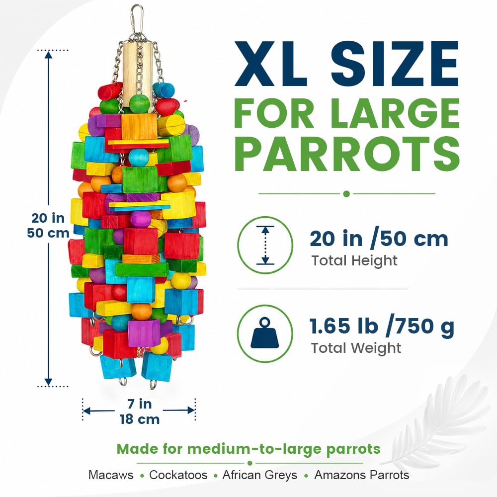 Giocattoli per uccelli extra large – 55 cm, giocattoli naturali per pappagalli da masticare e foraggiamento, con catena SS e colori commestibili per pappagalli di medie e grandi dimensioni, ara