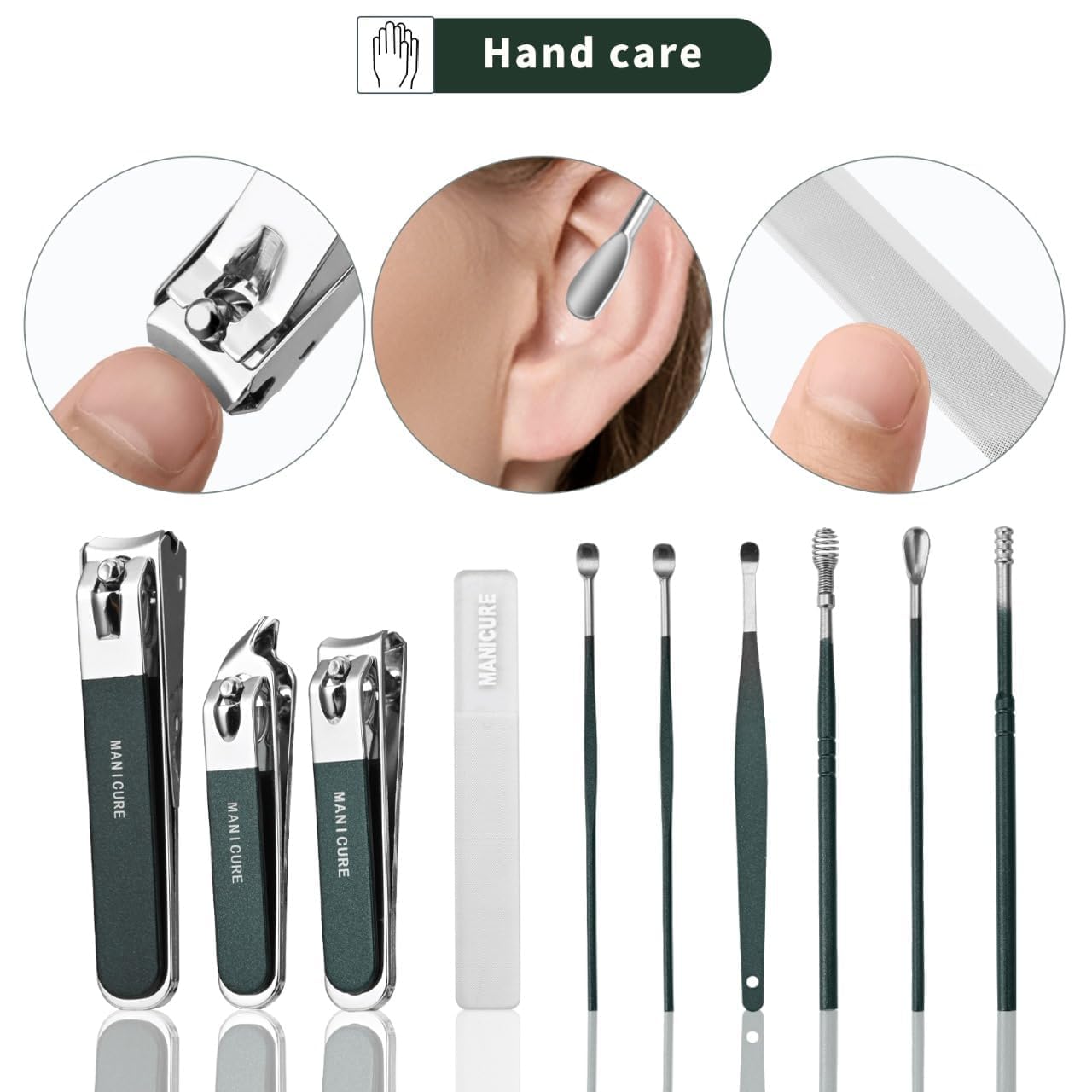 Amillee Portable Nail Cutter Set 10 in 1 Professional Manicure Pedicure Kit for Men, Women and Adults Ultra Sharp Stainless Steel Hand Nail Clipper for Fingernail & Footnail Travel Kit Perfect For Gifts (Dark Green (10 Piece)) 2