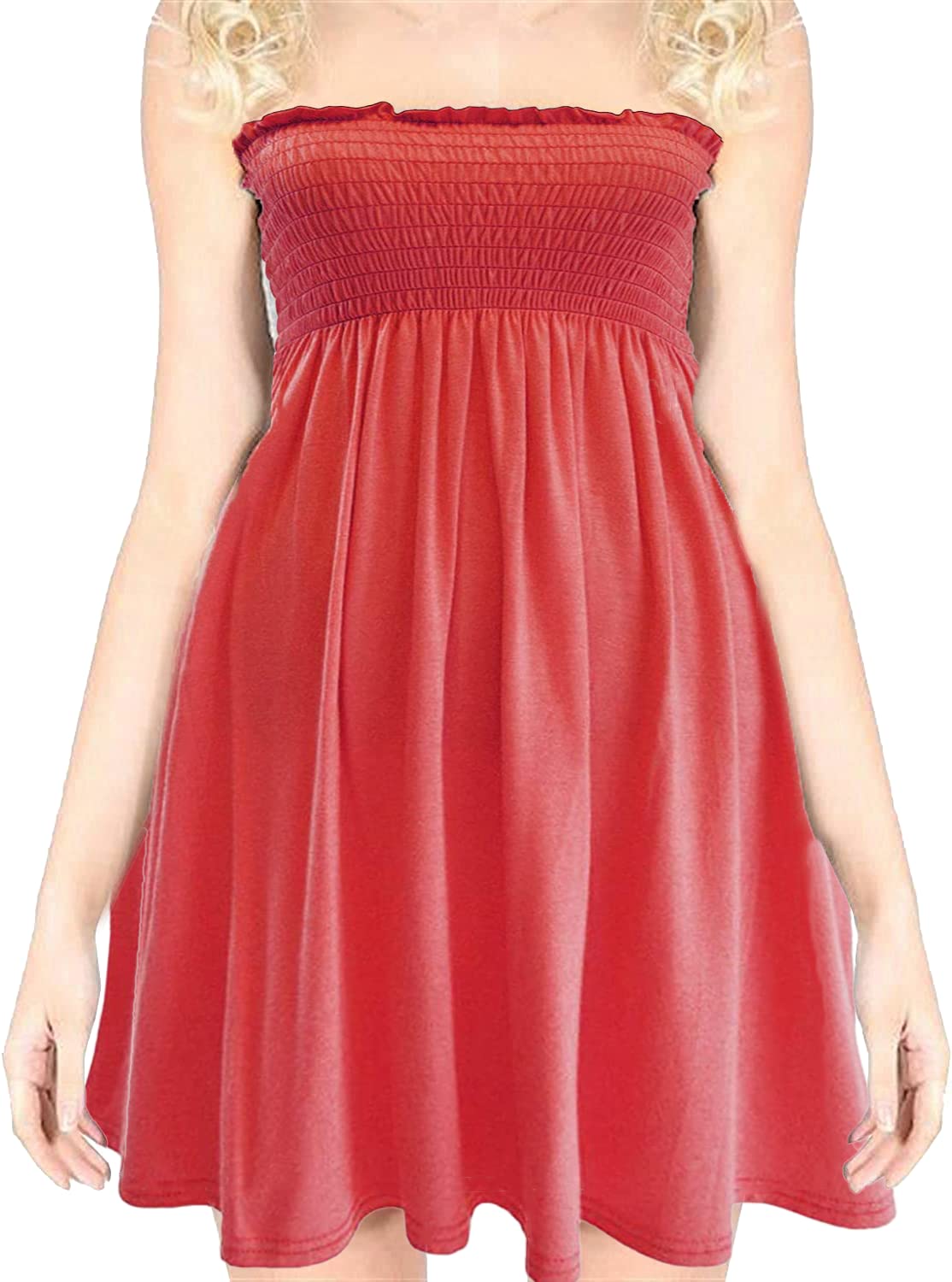 Naz Fashion Women's Coral Sheering Gather Bandeau Boobtube Plain Top Mini Dress Uk 16 To 18