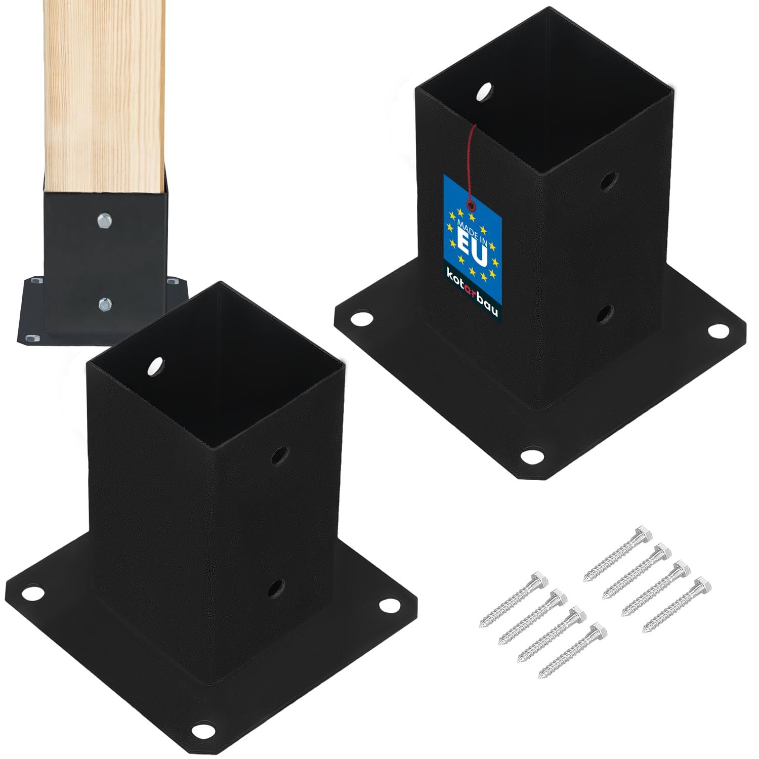 KOTARBAU® 2 pcs Fence Post Support - Post Base - Powder Coated Steel - 80x80 mm (3.15x3.15 in) - Black - Bolt Down Support - Heavy Duty - for Wooden Beams - Weather Resistant