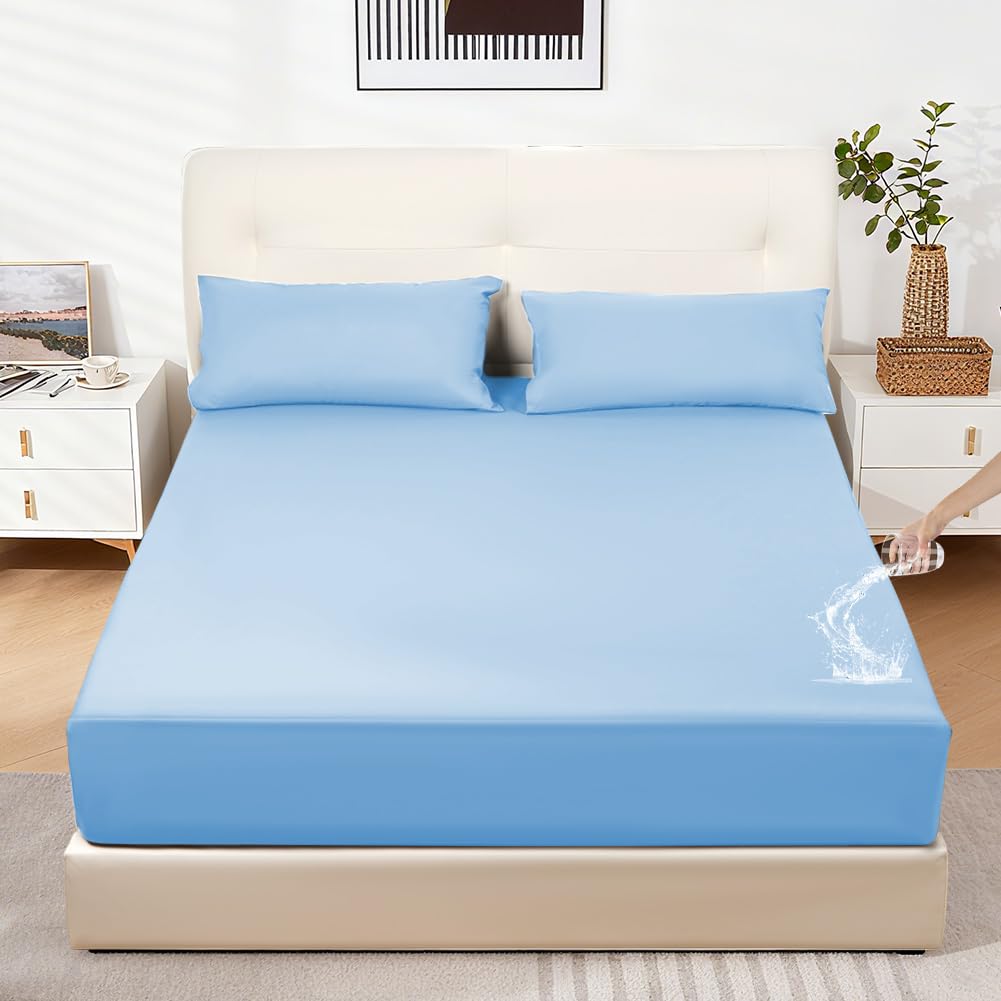 DUJUIKE Coprimaterasso Impermeabile, Lenzuolo Con Angoli Impermeabile, Tasca Profonda, Adatto Per Materassi Da 20-40 Cm, Adatto Per Gatti, Cani, Bambini, Ipoallergenico(Blu Celest,180x200cm)