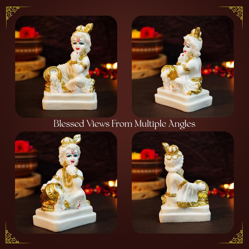 Image of Ekhasa Aura Series Marble Dust Bal Gopal Murti (5 inch) | Gold Plated Laddu Gopal Murti for Pooja Room | Resin Baby Krishna Idol for Home | Bal Krishna Idol | Sri Krishna Idols Gift | Makan Chor Idol
