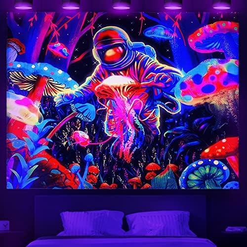 SUNNEKO Trippy Tapestry Wall Hanging, Mushroom& Astronaut& Jellyfish, Glow under UV Light, Tapestry for Bedroom Aesthetic,Home Decoration Living Room,Study,Party,Preppy Room Decor,Adults, 200×150cm