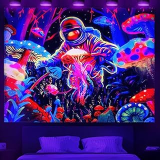 SUNNEKO Trippy Tapestry Wall Hanging, Mushroom& Astronaut& Jellyfish, Glow under UV Light, Tapestry for Bedroom Aesthetic,Home Decoration Living Room,Study,Party,Preppy Room Decor,Adults, 200×150cm