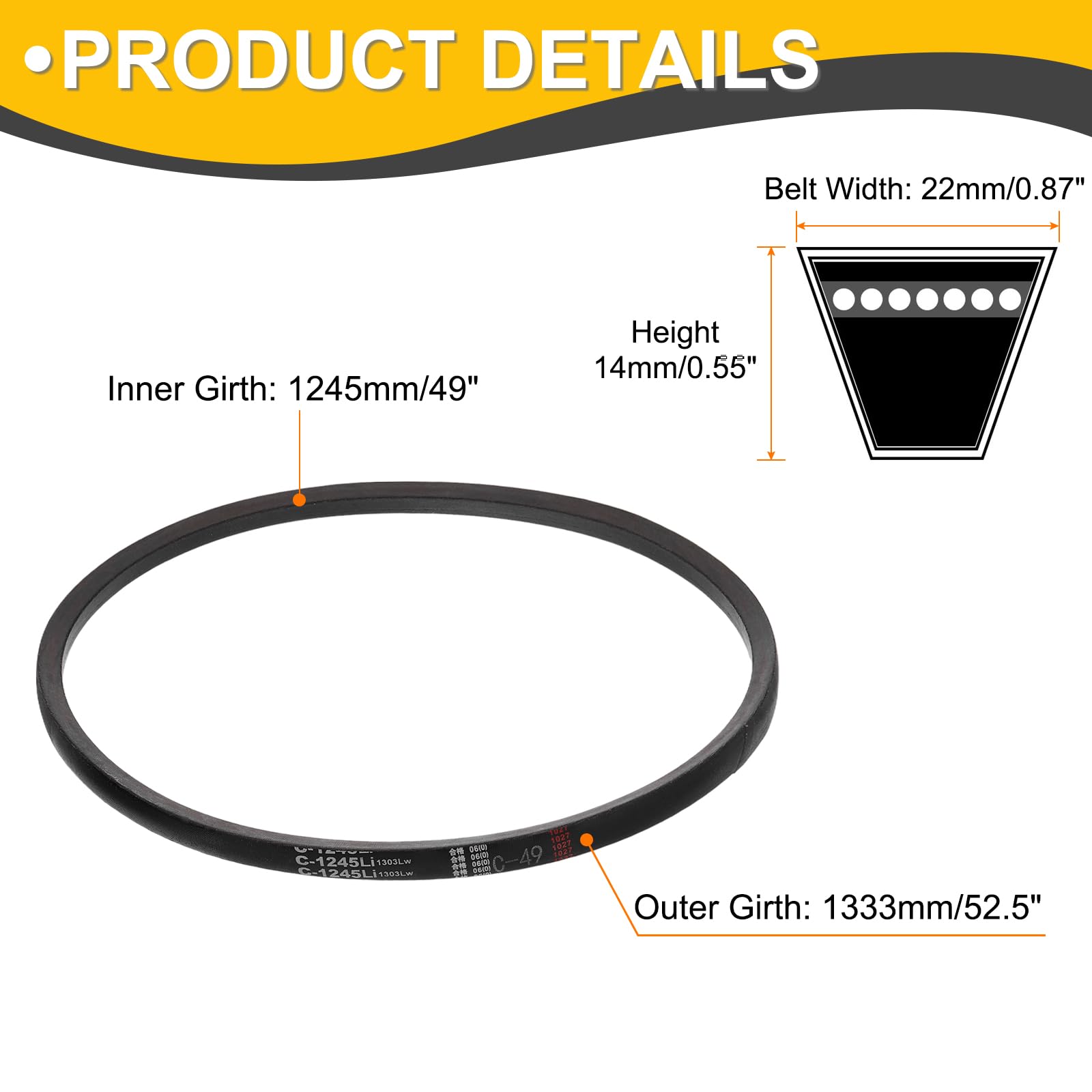 QUARKZMAN C49 Cinghia A V 49 Pollici (1245mm) Circonferenza Interna x 22mm Larghezza x 14mm Altezza, Cinghia A V In Gomma Per Trasmissione Di Potenza