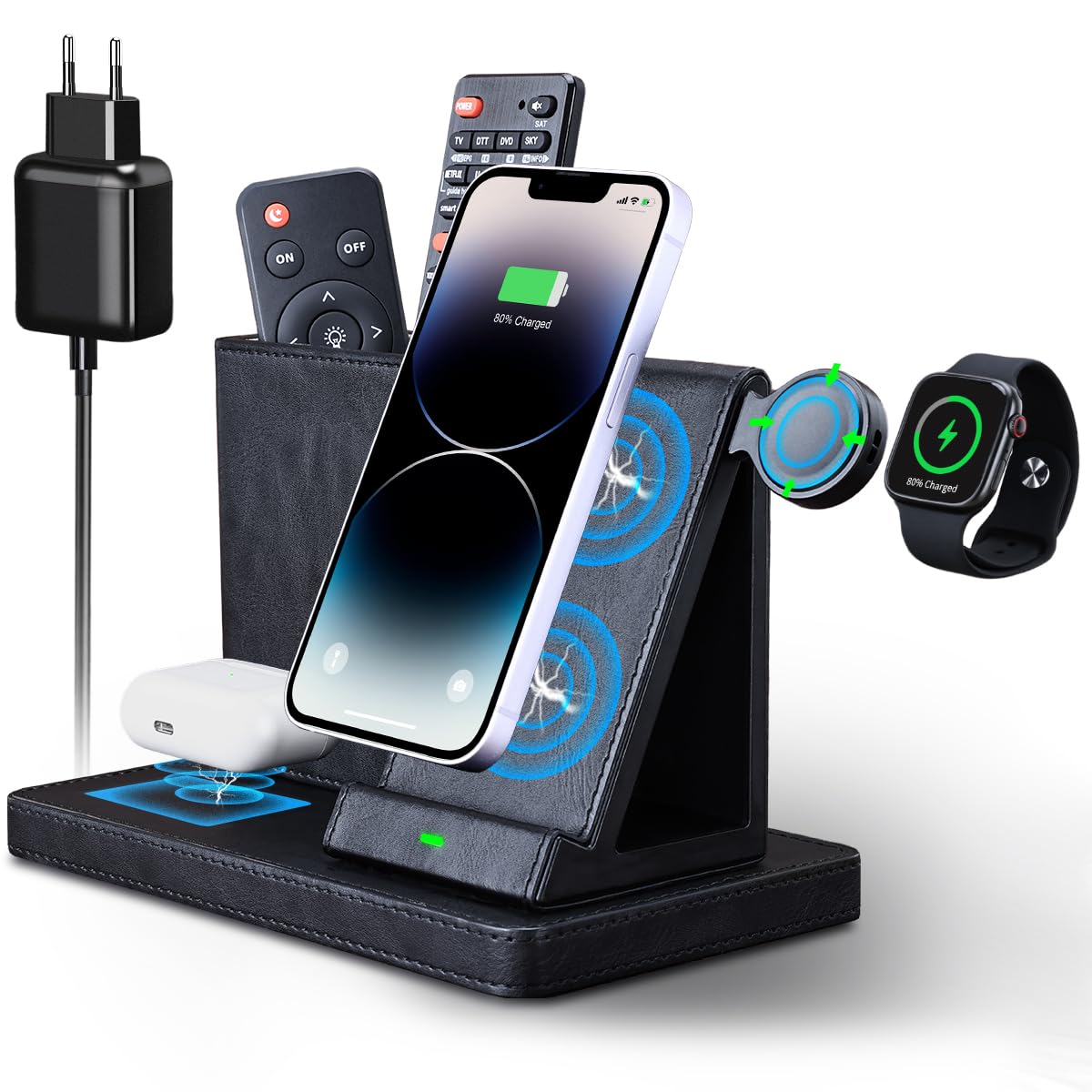 3 in 1 stazione di ricarica induttiva, KINGFOM caricatore wireless Ricarica induttiva con adattatore da 30W, stazione di ricarica wireless per iPhone 15/14/12/11, IWATCH 9/8/6/5/4/SE, AirPods Pro/2/3