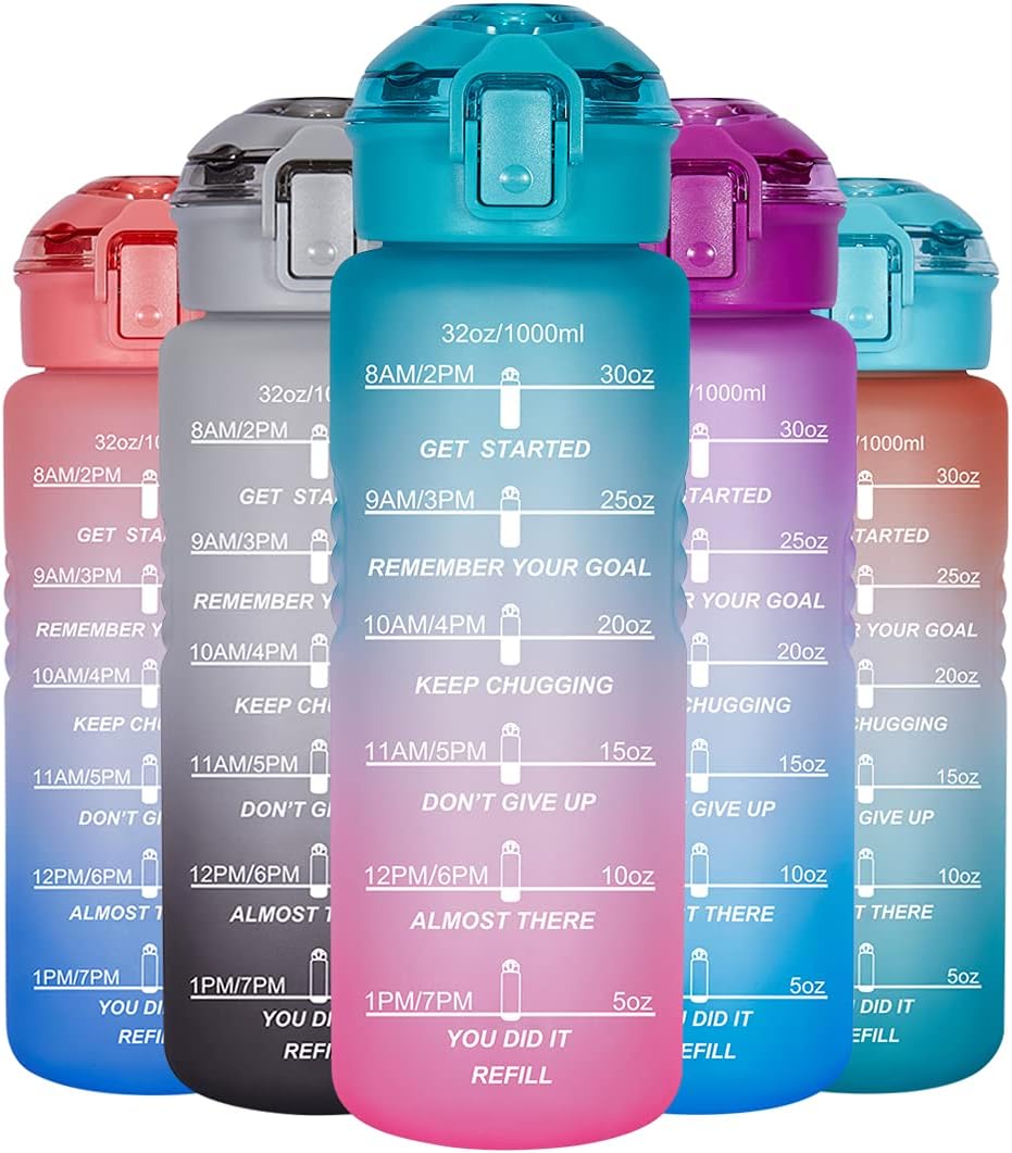 Allfourior 32oz Water Bottles with Times to Drink – Water Bottle with Time Marker & Removable Strainer Water Tracker Bottle BPA Free & Leak proof for Sports, Outdoors and Office