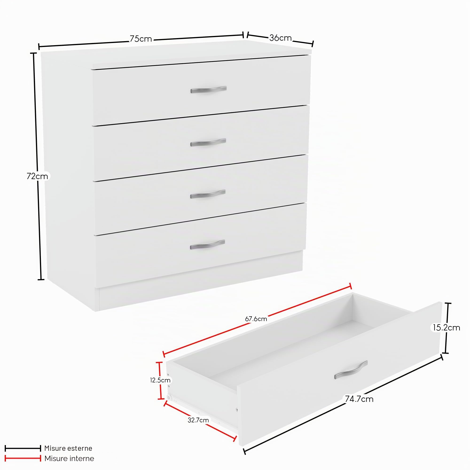 Cassettiera Bianca Vida Designs, 4 cassetti, Maniglie in Metallo, Guide con Supporto Anti-scorrevole