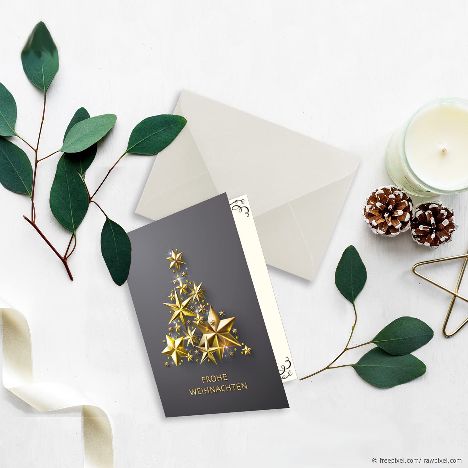 Juego de 200 tarjetas navideñas pequeñas DIN A7 en gris con un árbol de Navidad dorado hecho de estrellas - Tarjetas plegables con sobres a juego DIN C7 blanco natural con pegamento húmedo
