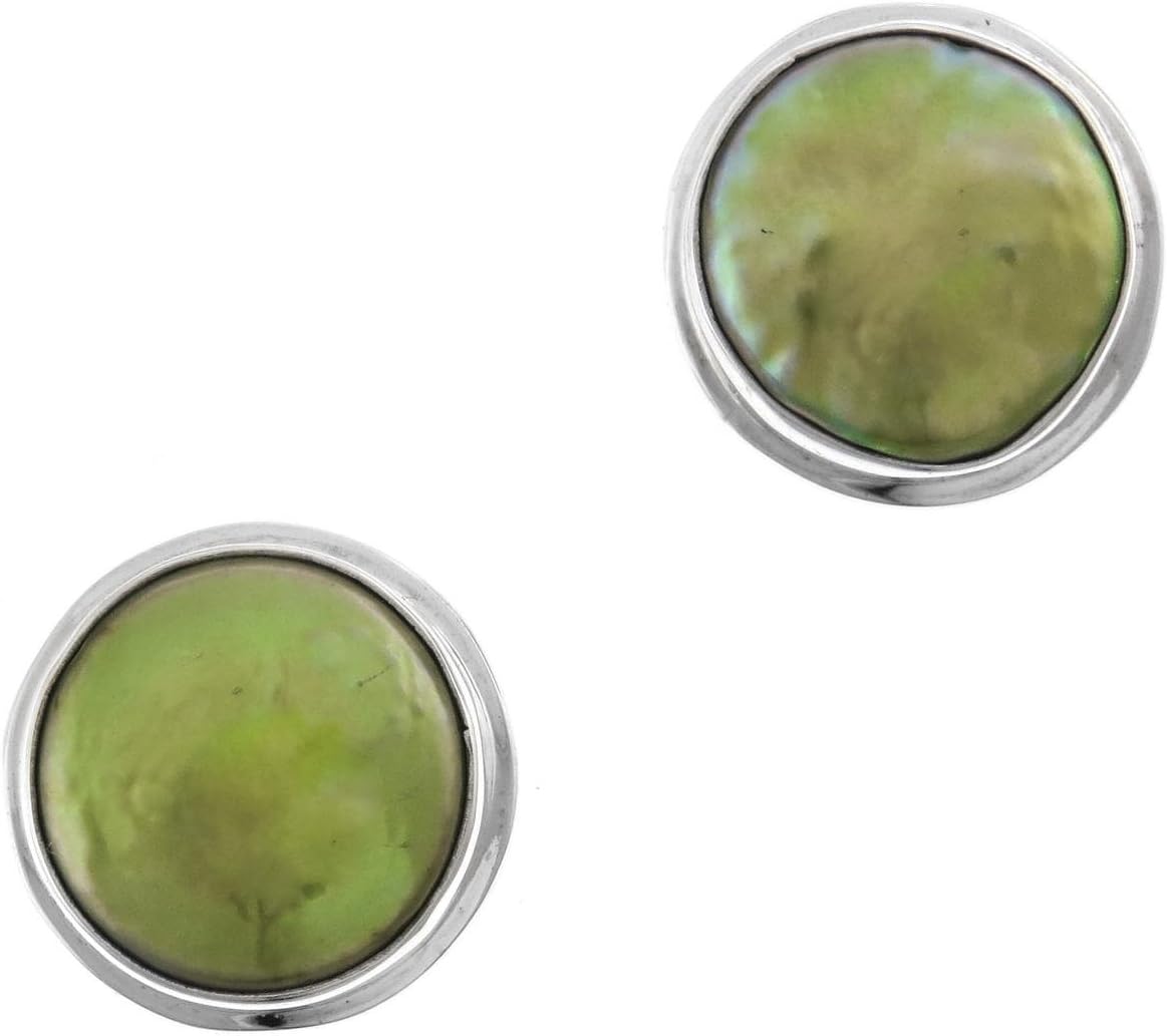 Green Coin Freshwater Cultured Pearl 925 Sterling Silver Post Earrings, 9/16"