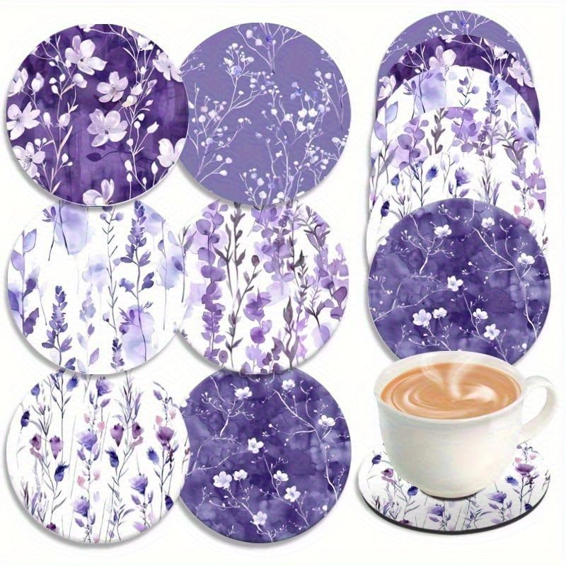 Image of Set of 6, 3.94X3.94 Inches, Spring Purple Floral Themed Wooden Coasters, Spring Purple Flower Art Coasters, for Friends and Family for Patio Tables, Kitchens Living Rooms