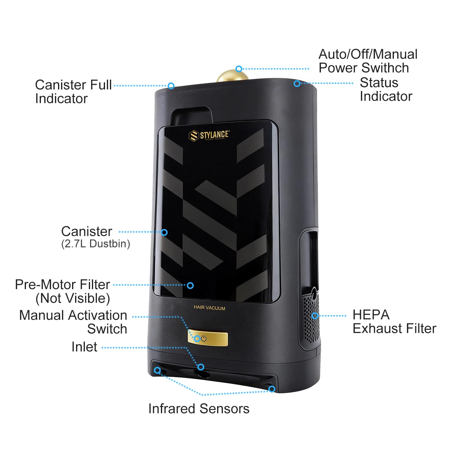 Touchless Vacuum Automatic Dustpan, Fast Function - for Sweeping Salon Home Pet Kitchen Dust Debris Hair, Automatic Infrared Sensors, Corded Canister Vacuum, 1400 Watt (Gold) - 3