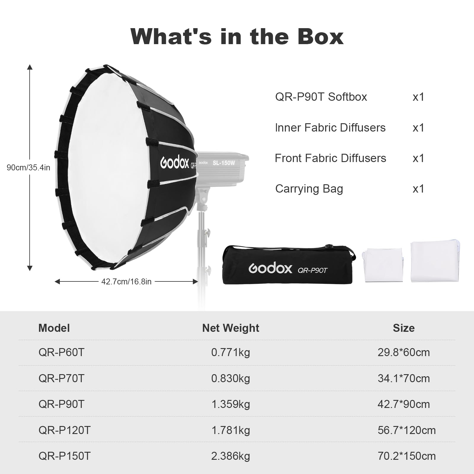 Godox Softbox parabolico a sgancio rapido QR-90T, 90 cm, con supporto Bowens, con borsa per il trasporto, 2 diffusori per riprese fotografiche, luce continua, monolights Vedio per riprese ritratti