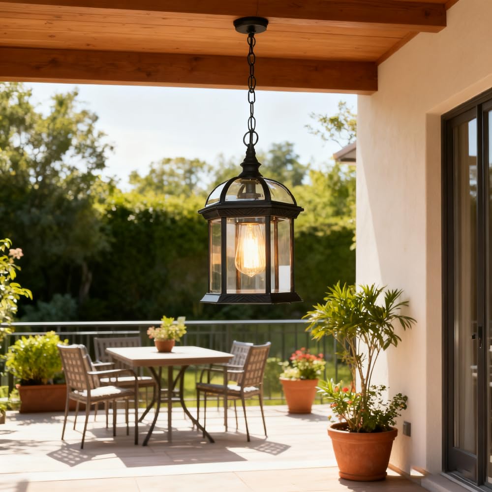 XINYASEEsta lámpara colgante vintage para exteriores cuenta con una bombilla E27 y es una lámpara de techo resistente a la intemperie, ideal para porches, patios, jardines y balcones (DD-03)
