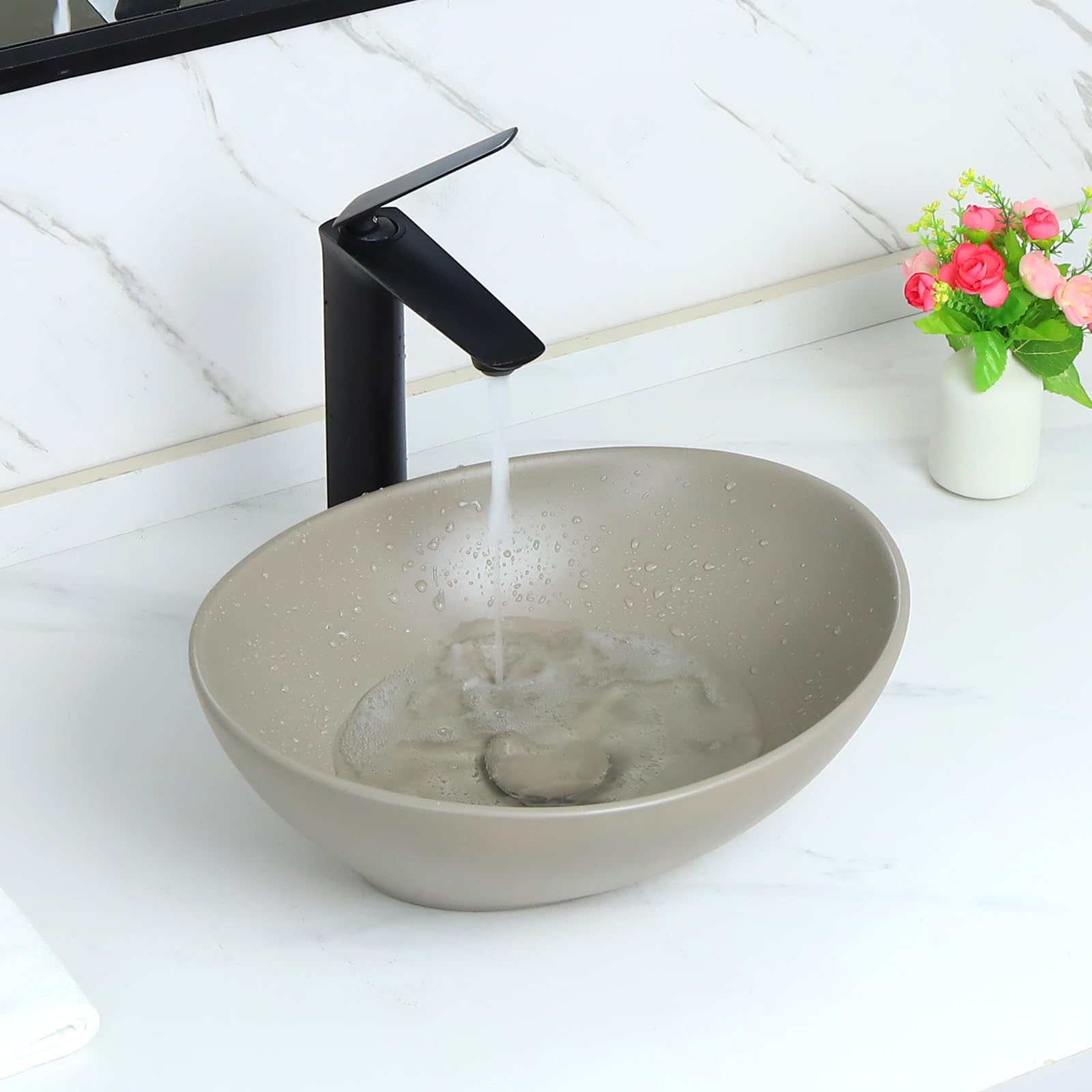 Davivy 16.1"x13.4" Dark Khaki Oval Vessel Sink with Pop Up Drain,Bathroom Sinks Above Counter,Ceramic Vessel Sink,Small Oval Sink Bowls for Bathroom