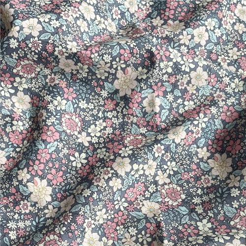 Tissu popeline de coton rétro bleu gris de créateur, impression numérique 145cm - 6