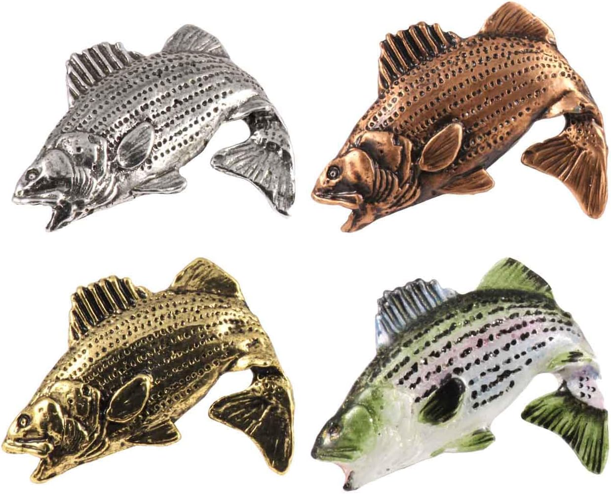 Striped Bass Leaping Fish Pin, Pewter, Lapel, Hat, Pins, Brooch, Brooches, Jewelry, Gift, Handmade in the USA, 200 Fish Designs Available. S052Z