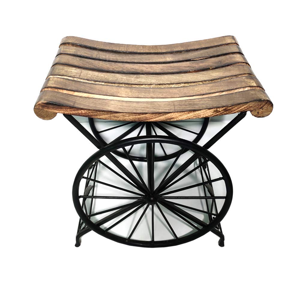 Wooden Stool with Iron Wheel Base | Rustic Mango Wood Seat Stool | Bedside Table for The Living Room | Garden Table for Sitting |-image-6