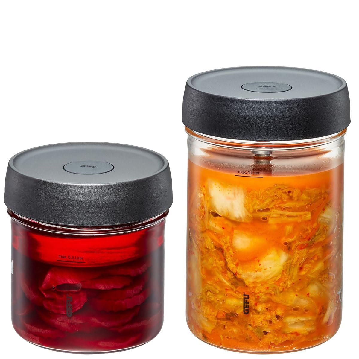 GEFU Fermentiergläser NATIVO 2er Set - 0,5L & 1L, inkl. Beschwerungsgewicht, Fermentationsglas mit Gewicht und Deckel, transparent, zum Einlegen