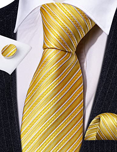Image of Barry.Wang Man Stripe Ties Set Silk Woven Pocket Square Necktie Cufflinks Formal Party Business