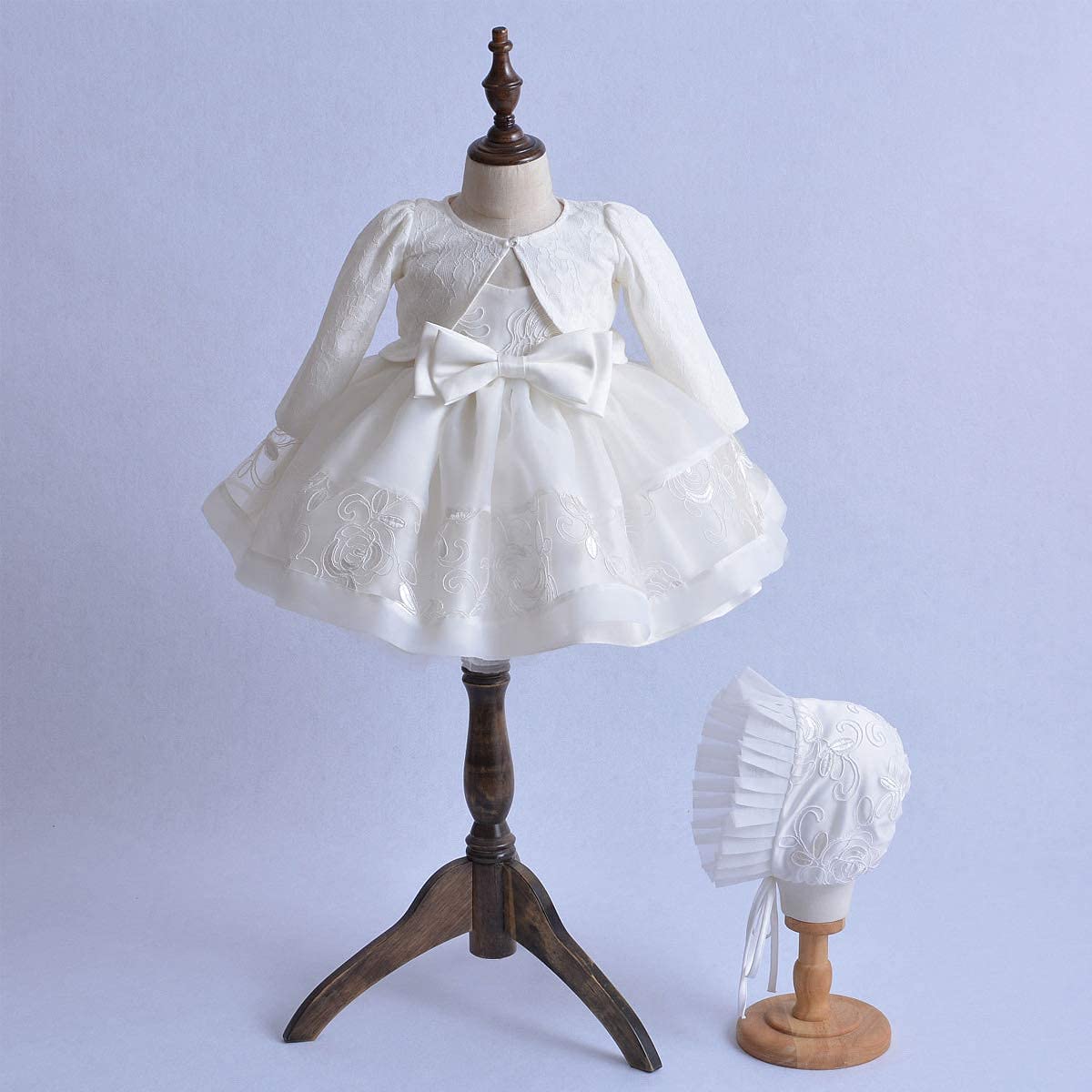 Carolilly Vestito Battesimo Bambina Neonata Abito in Pizzo Bianco 3 Pezzi Coprispalla Elegante+Abito Bianco+Cappello Cerimonia Matrimonio