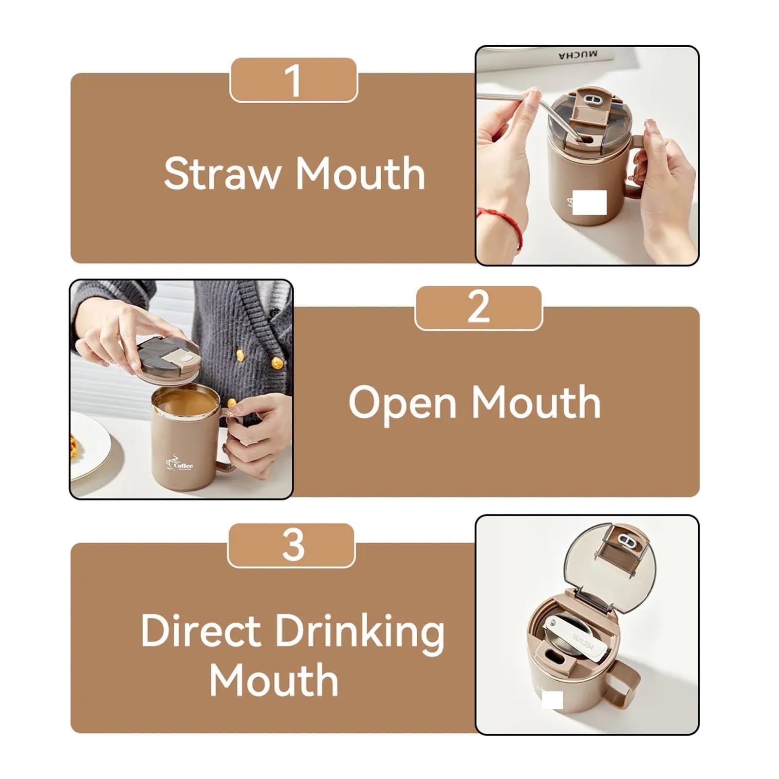 Trinkbecher aus Edelstahl 304, doppellagiger isolierter Kaffeebecher mit Klapplöffel und Sieb, wiederverwendbarer Becher für Reise, Kaffee und Tee(500ml,Beige)