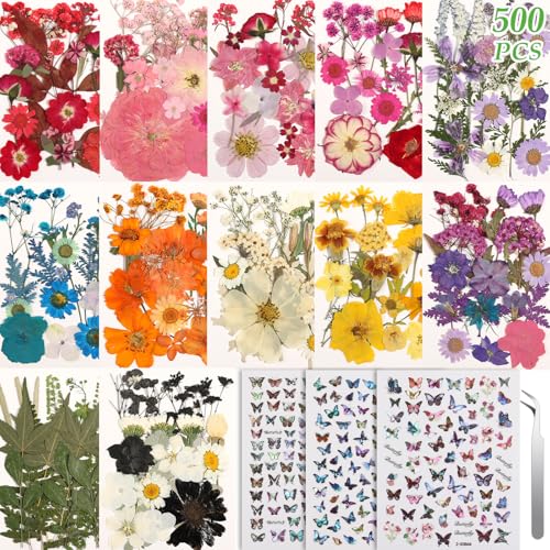 Image of 500 PCS Dried Flowers Butterfly Stickers for Crafts Real Natural Pressed Flowers Dry Leaves Kit for DIY Making Crafts Resin Soap Candle Scrapbook Supplies Card Making Jewelry