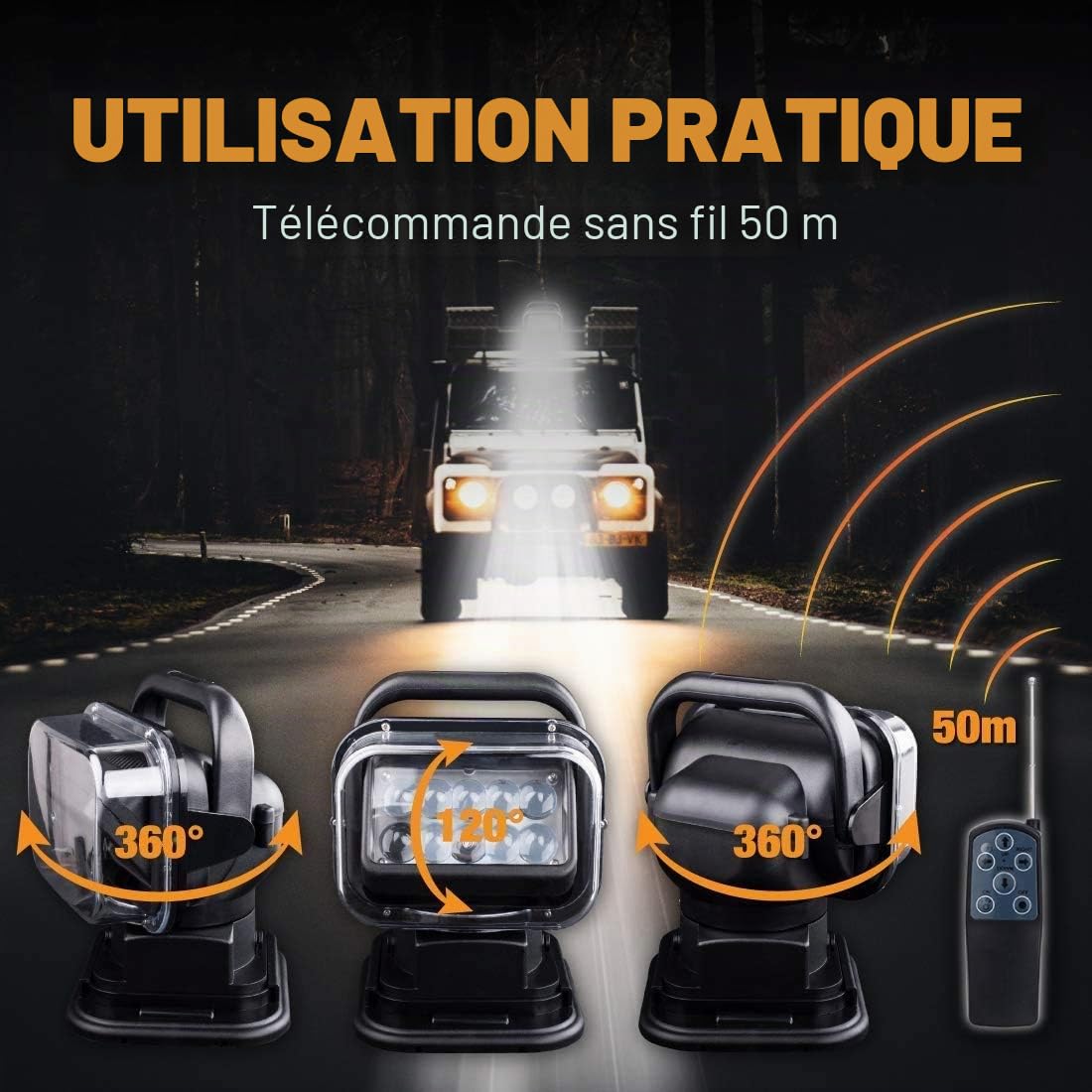 SUPAREE Lampe de Recherche,SPOT Led Phare,Lampe de Travail,LED Projecteur Etanche Anti Choc Rotation de 360°avec Télécommande sans Fil,Eclairage de Secours pour SUV Bateau Maison Champ (Haute Noir)