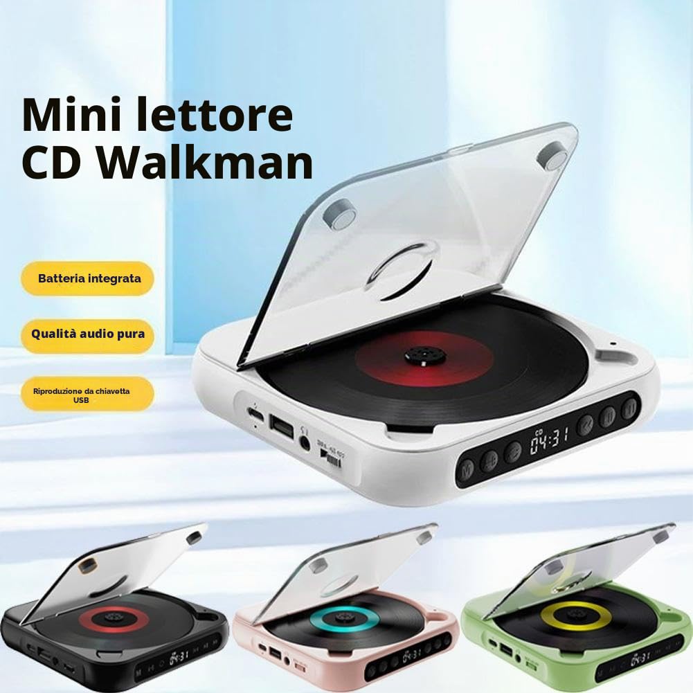 Lettore CD portatile con Bluetooth, piccoli lettori CD Hi-Fi con altoparlante, riproduttore compatto per auto/studio/viaggi, con cavo USB-C e auricolari (nero)