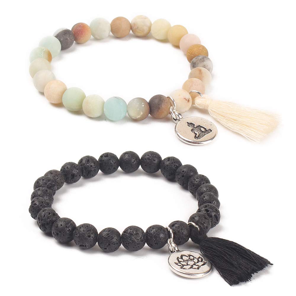 BALIBALI Handmade Mala Beads Bracelet Natural Stone Beaded Meditation Lotus Tibetan Bracelet Tassel Bracelet Japa Yoga Rosary Prayer Charm Relationship Bracelets