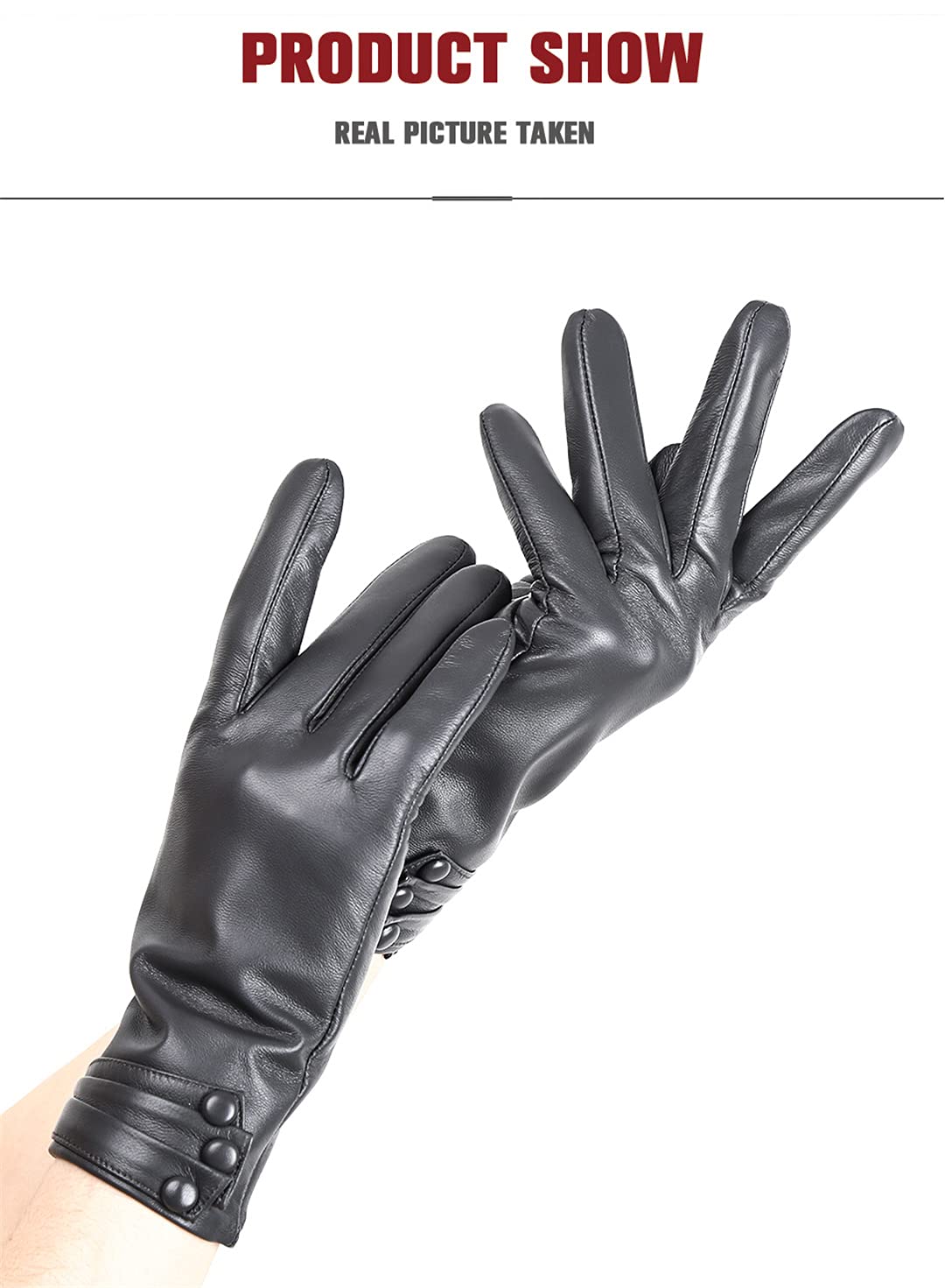 Touch Gloves Guanti in pelle da donna pieghettati con tre bottoni Guanti invernali da donna caldi Dark Grey 8.5