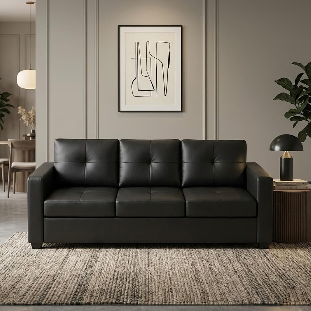 FURNY Hermon 3 Seater Premium Leatherette Sofa Set (Black) Durable & Comfortable | Ideal for Living Rooms