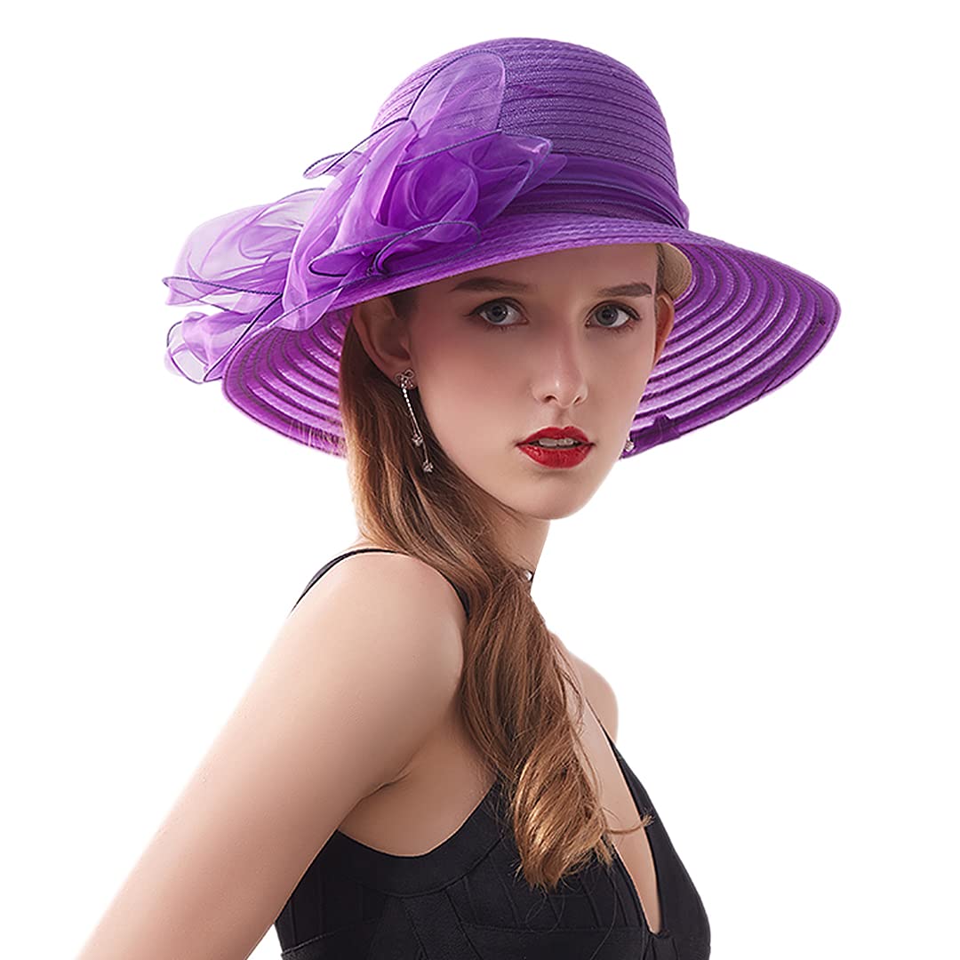 Naimo Tocado de organza para mujer, estilo iglesia, Kentucky Derby, elegante, lazo, ancho, ala ancha, sombrero de novia, té, fiesta, boda, sombrero para el sol