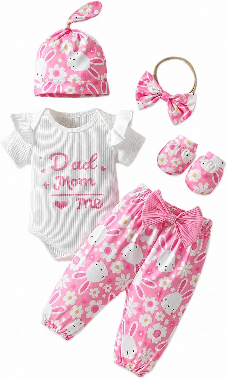 ChuYuKu Newborn Girl Coming Home Outfit 5Pcs, Baby Hospital Outfit Set, Romper Flower Pants Headband for Spring Summer