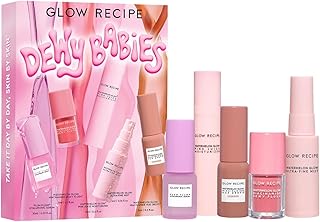 Glow Recipe Dewy Babies Travel Skincare Set - Plum Plump Hyaluronic Acid Serum + Dewy Flush Tinted Blush Drops + Pink Juice Face Moisturizer + Bronzing Hue Drops + Ultra Fine Facial Mist (5 Count)